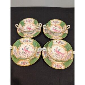 Set of 4 – Minton Cockatrice Green Cream Soup W/Saucer" – Vintage Bone China